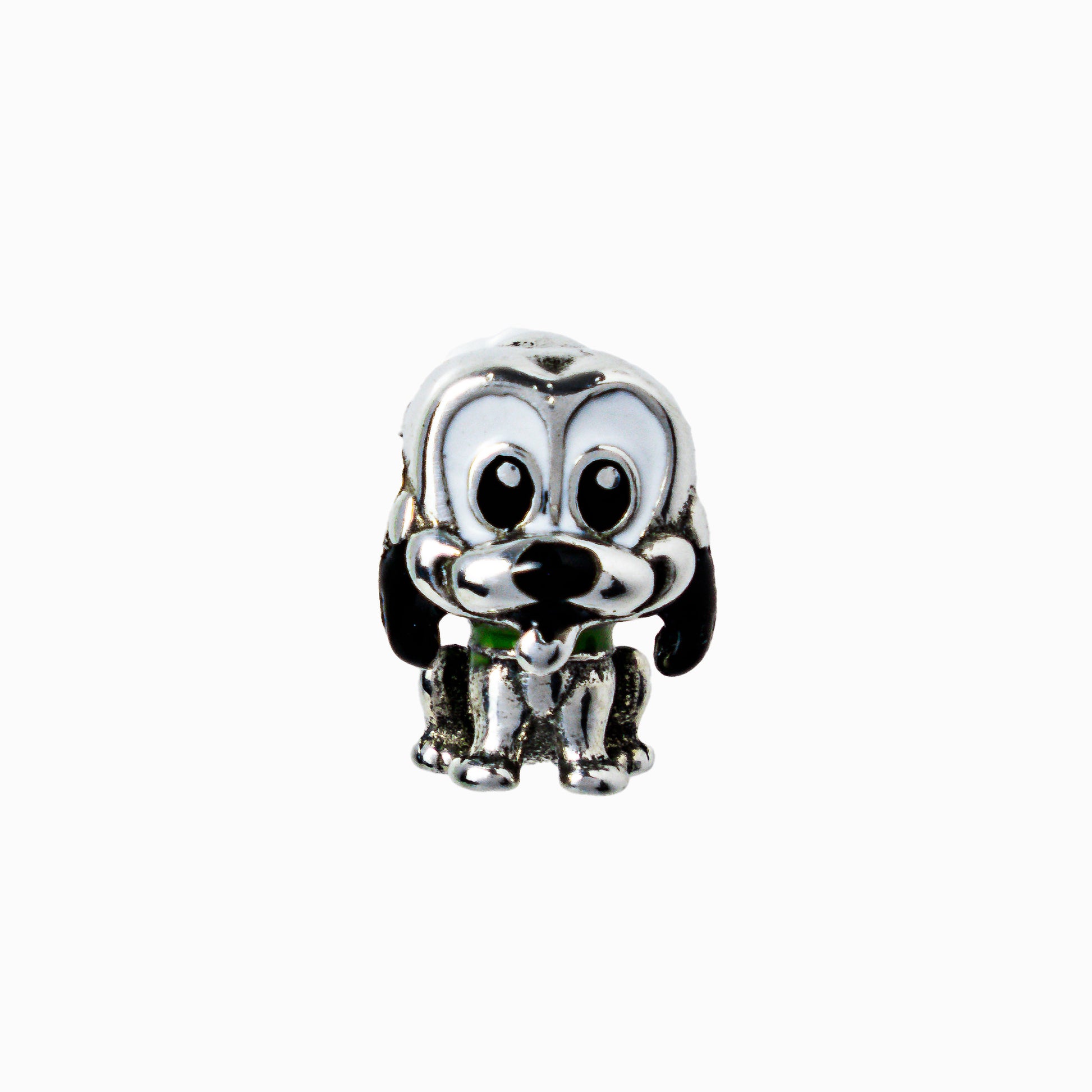Charm pasador tridimensional con forma de perrito en Plata Ley 925 con detalles esmaltados en blanco, negro y verde.