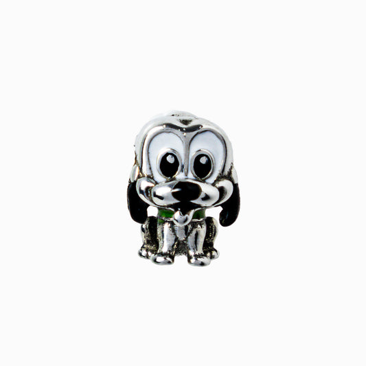 Charm pasador tridimensional con forma de perrito en Plata Ley 925 con detalles esmaltados en blanco, negro y verde.