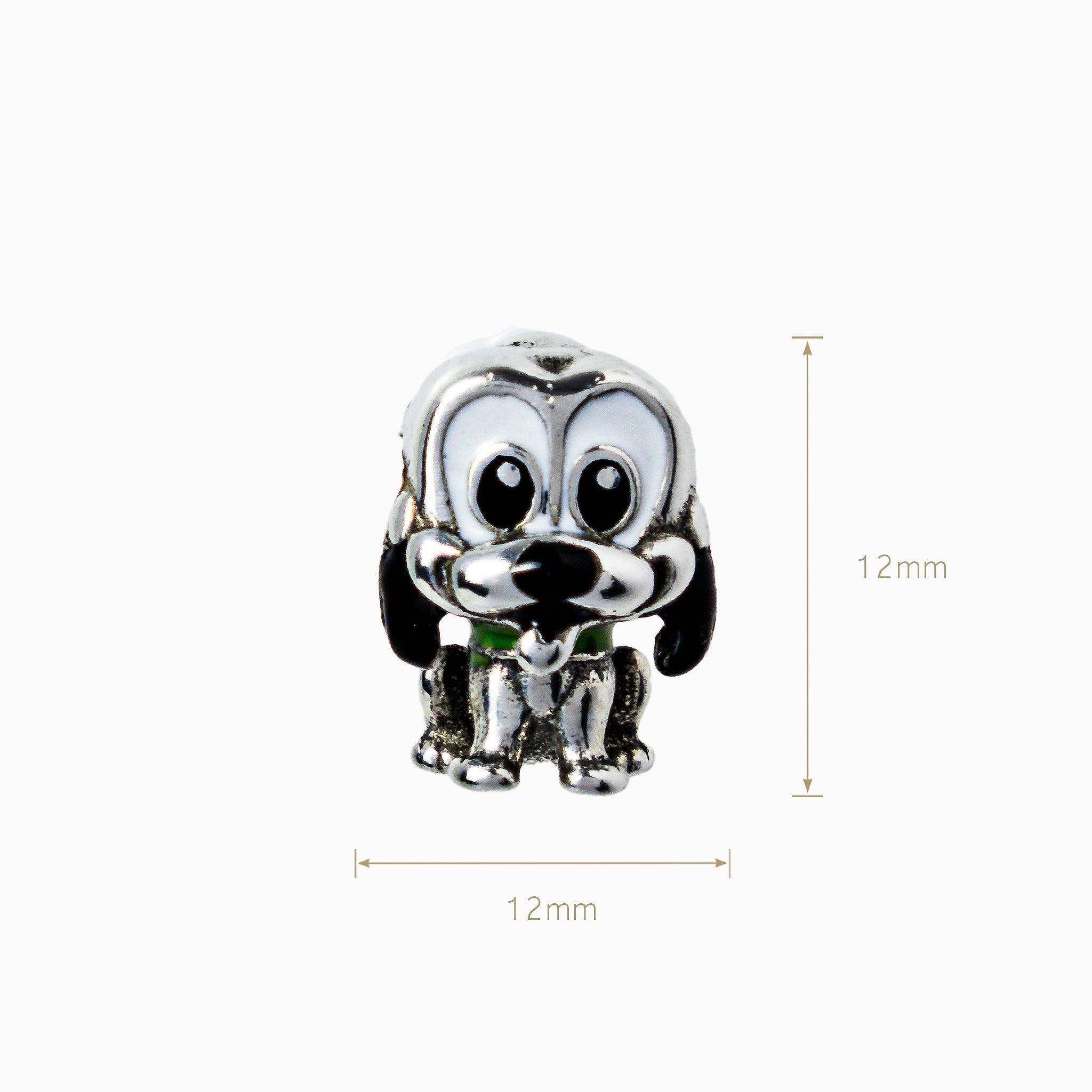 Charm pasador tridimensional con forma de perrito en Plata Ley 925 con detalles esmaltados en blanco, negro y verde.