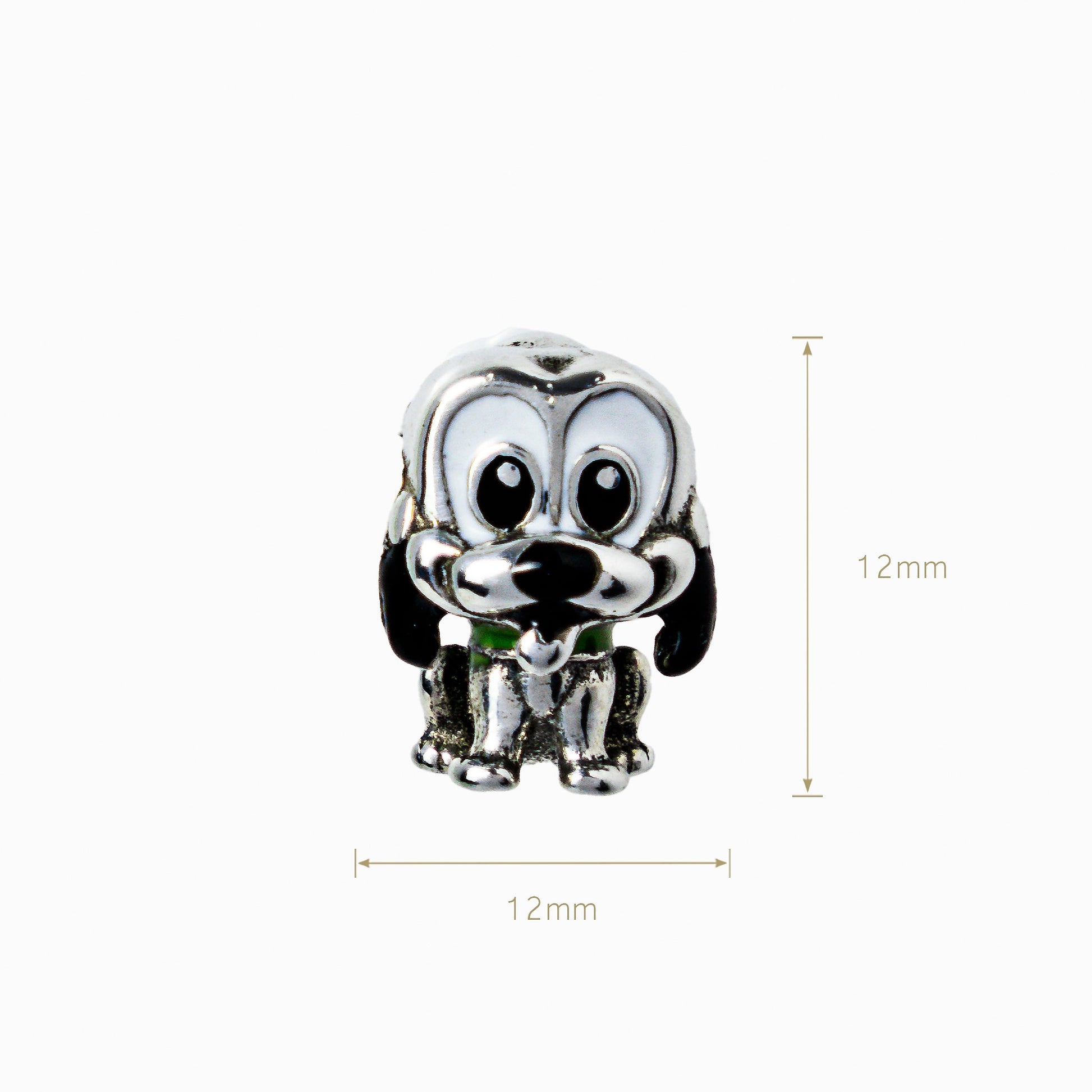 Charm pasador tridimensional con forma de perrito en Plata Ley 925 con detalles esmaltados en blanco, negro y verde.