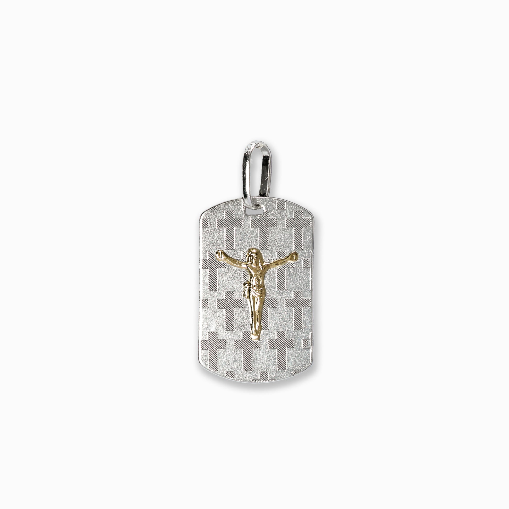 Dije de placa rectangular texturizada en Plata Ley 925 con aplique central dorado de Cristo crucificado.