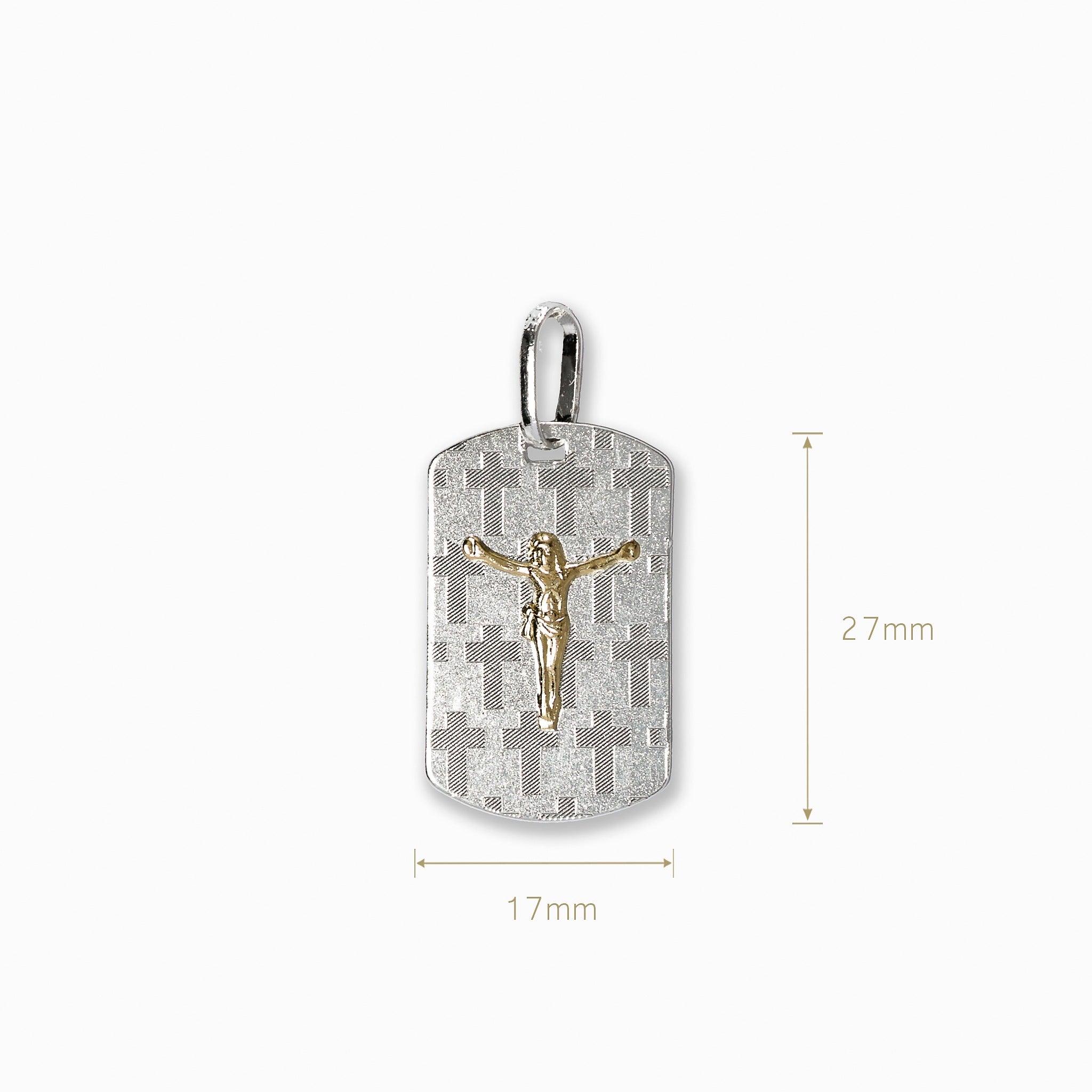 Dije de placa rectangular texturizada en Plata Ley 925 con aplique central dorado de Cristo crucificado.