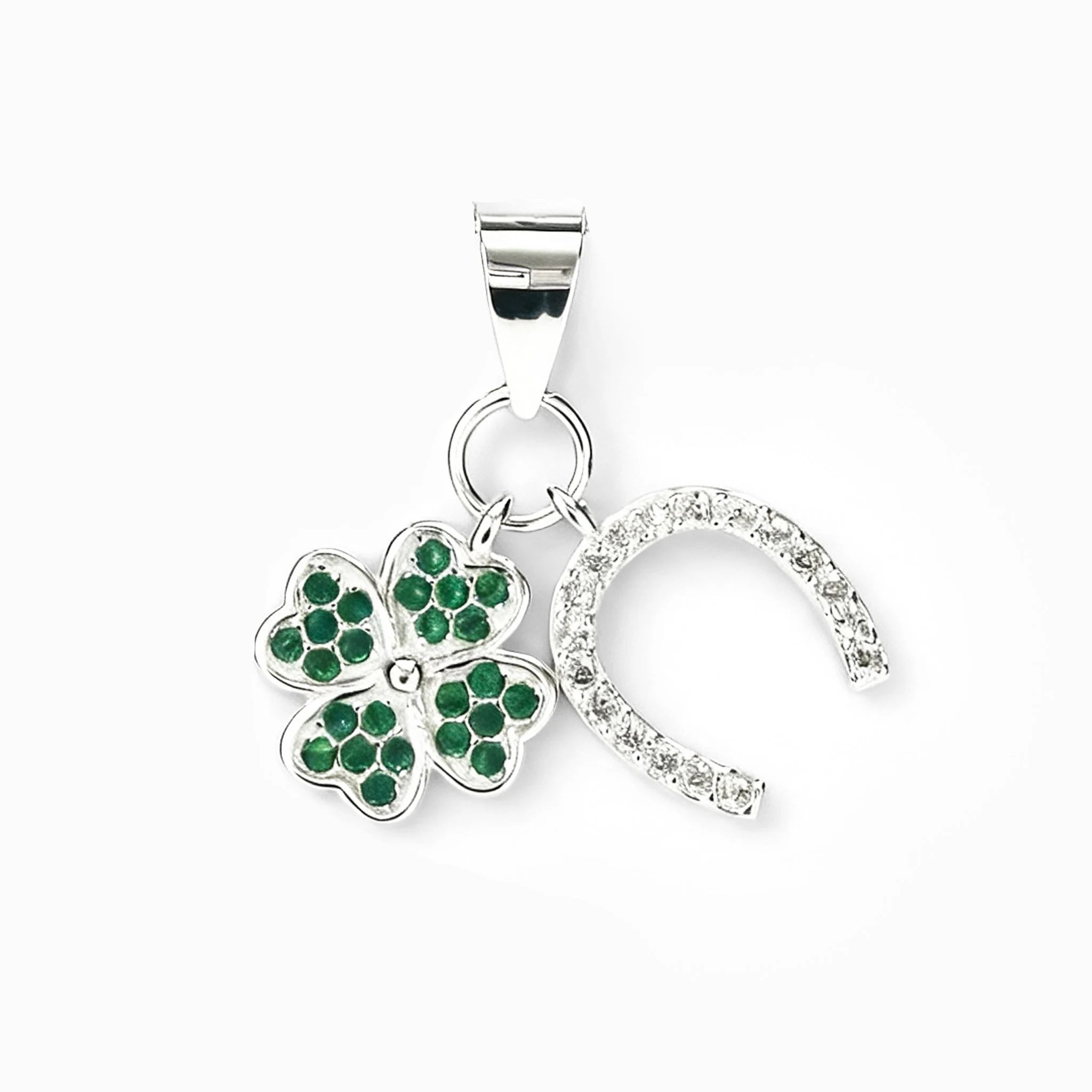 Dije de trébol y herradura de 8.8 mm en plata ley 925 con circones verdes y blancos