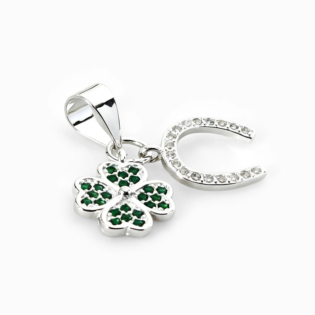 Dije de trébol y herradura de 8.8 mm en plata ley 925 con circones verdes y blancos