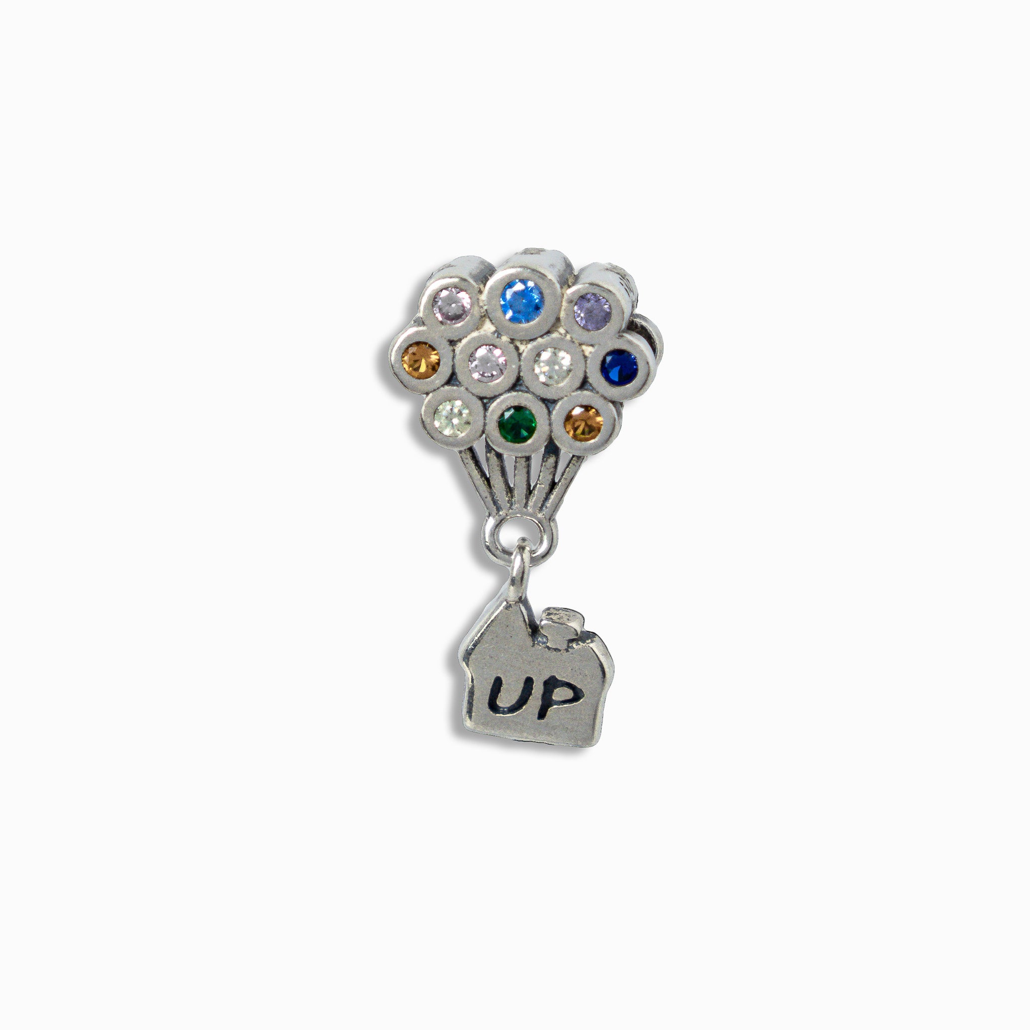 Charm colgante en Plata Ley 925 con racimo de globos de circones multicolores y dije de casa con grabado UP.