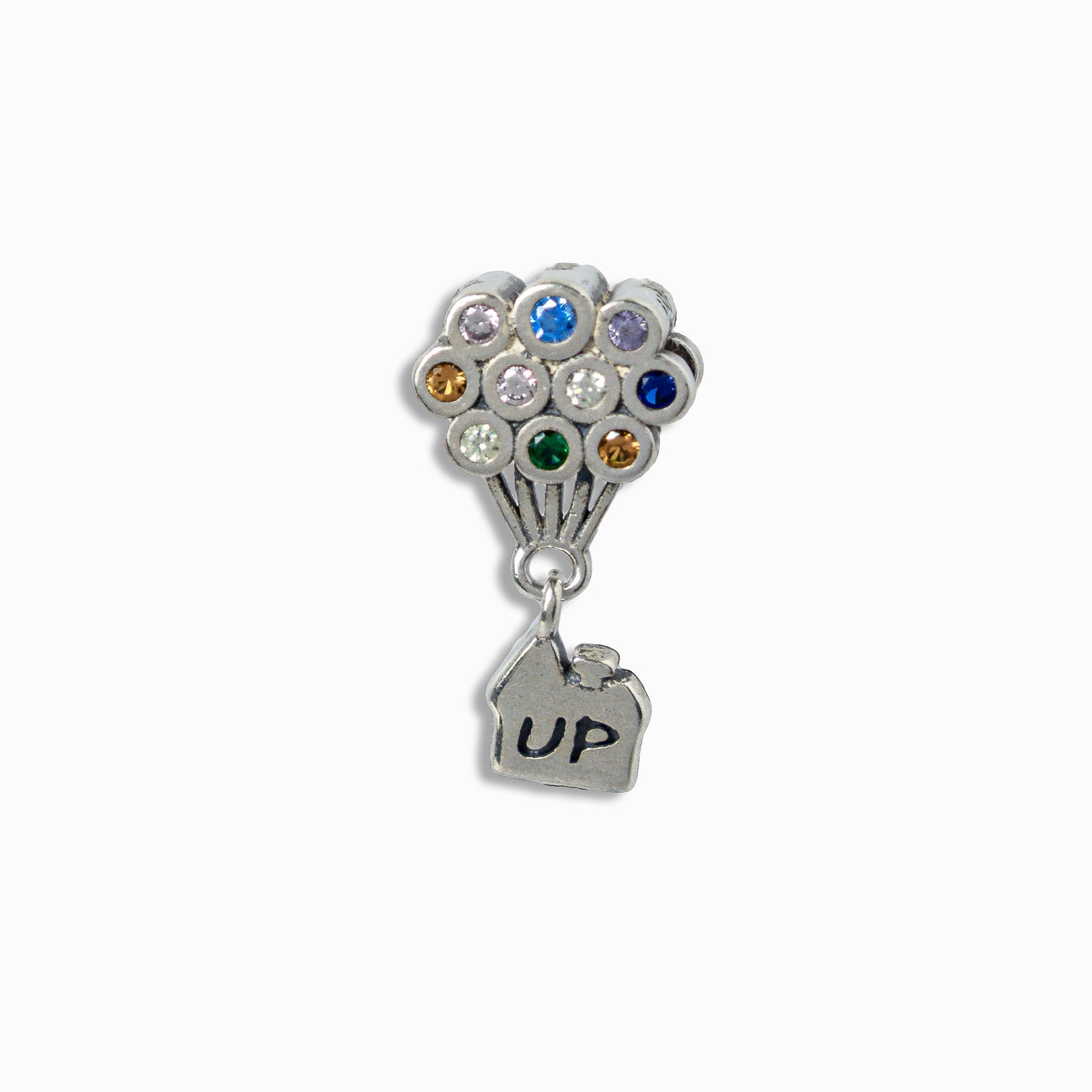 Charm colgante en Plata Ley 925 con racimo de globos de circones multicolores y dije de casa con grabado UP.