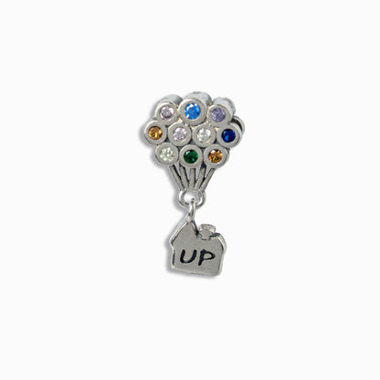 Charm colgante en Plata Ley 925 con racimo de globos de circones multicolores y dije de casa con grabado UP.