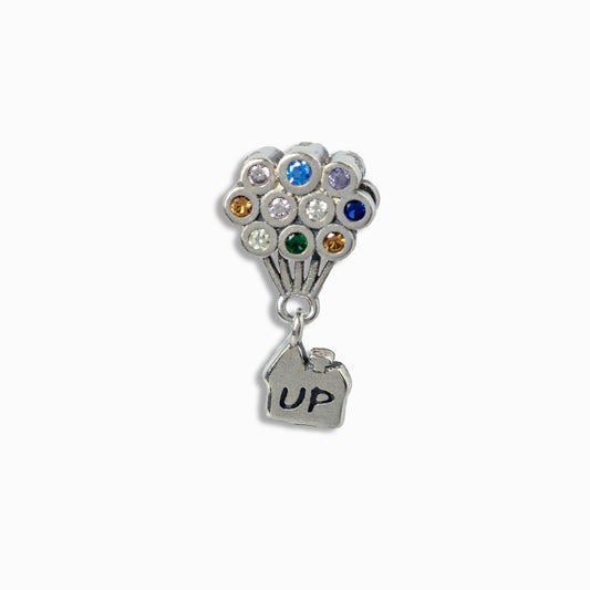Charm colgante en Plata Ley 925 con racimo de globos de circones multicolores y dije de casa con grabado UP.