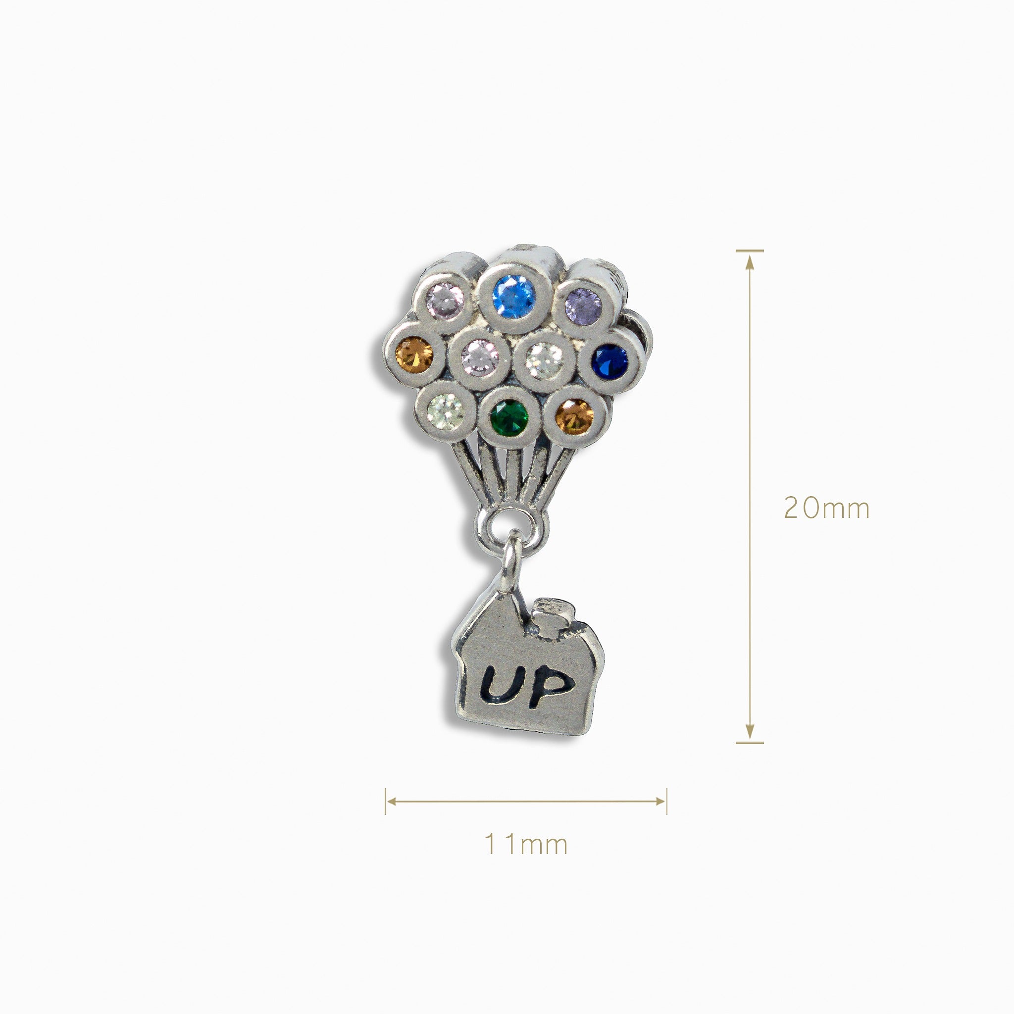 Charm colgante en Plata Ley 925 con racimo de globos de circones multicolores y dije de casa con grabado UP.