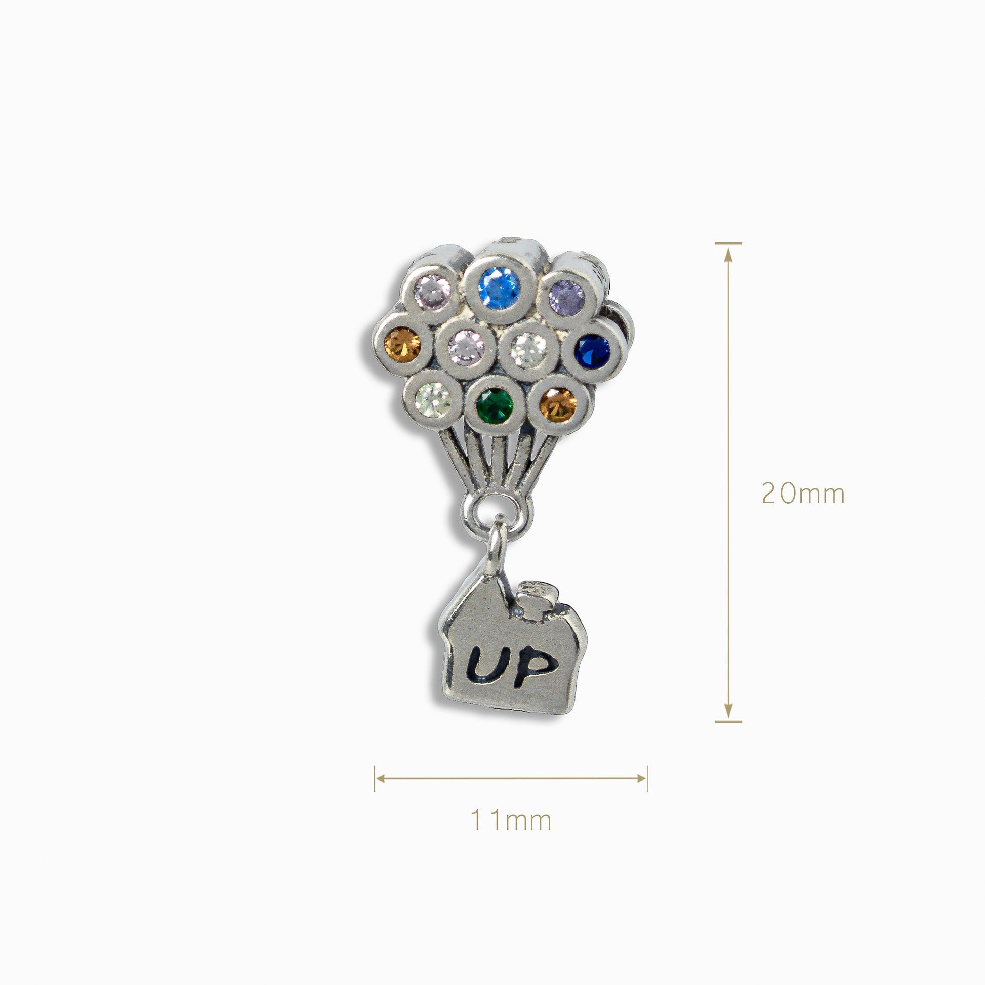 Charm colgante en Plata Ley 925 con racimo de globos de circones multicolores y dije de casa con grabado UP.