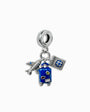 Charm colgante triple en Plata Ley 925 con dijes de avión con circones, maleta azul esmaltada y pasaporte miniatura.