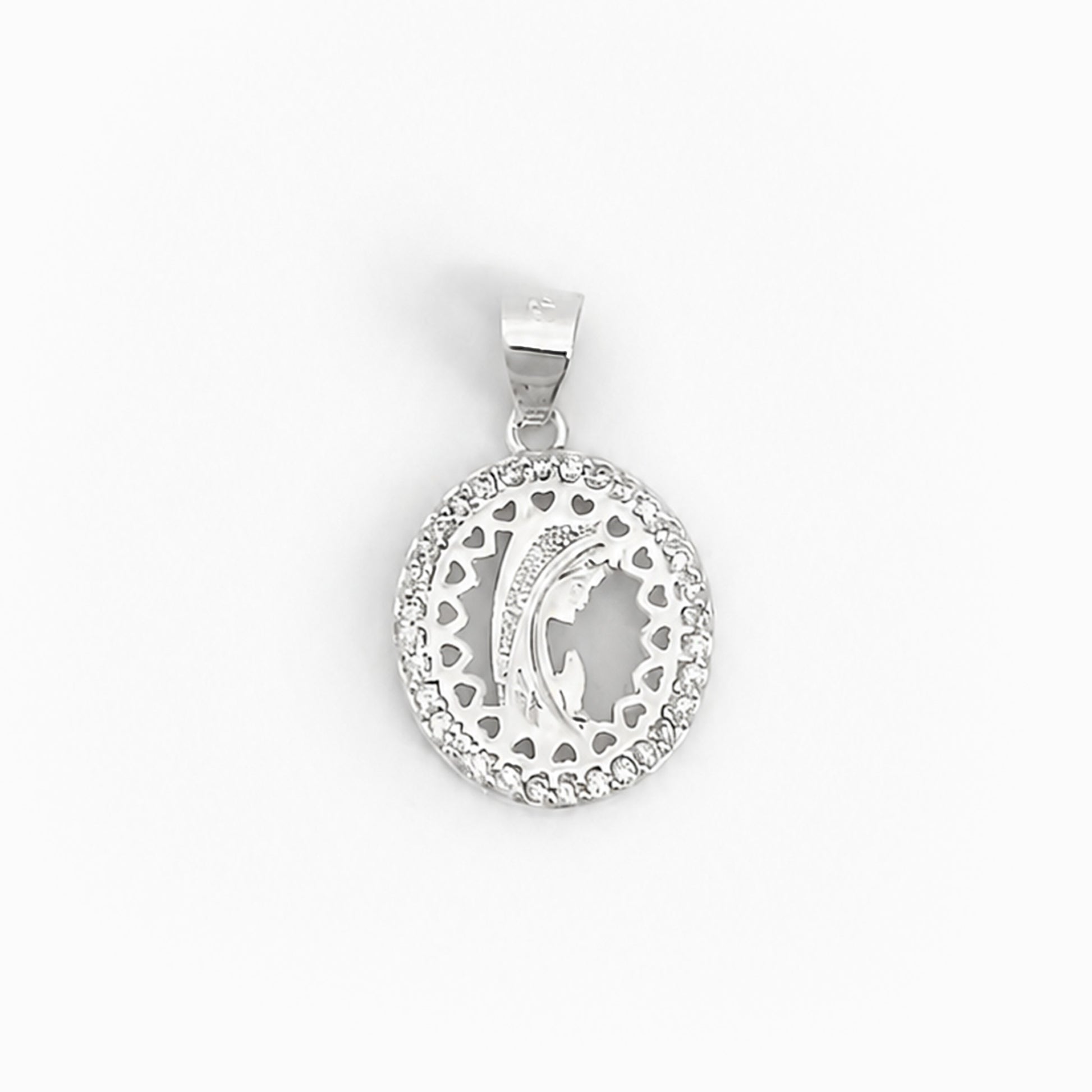 Dije de medalla de la Virgen calada en Plata Ley 925 con halo de circones de Joyería Esterlina.