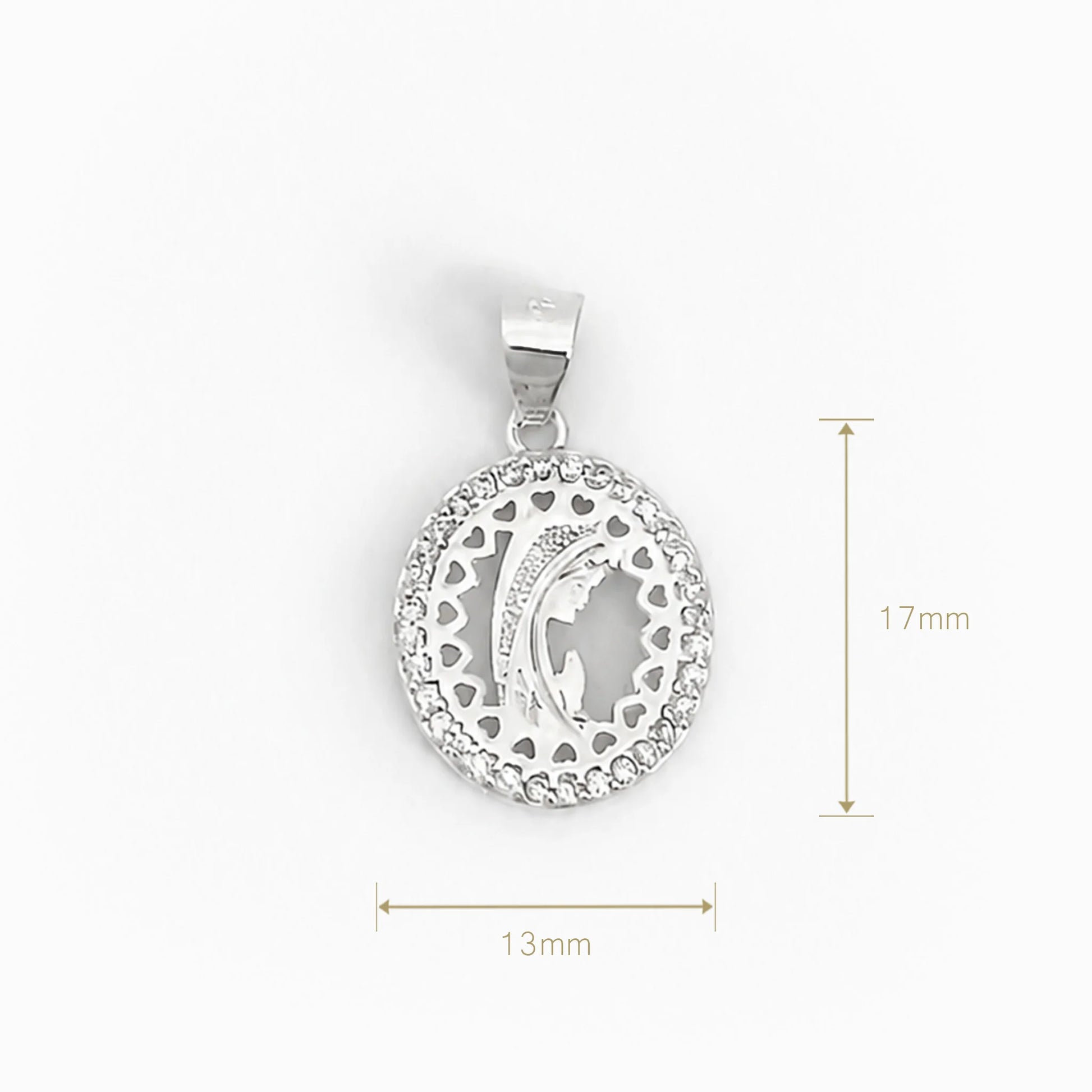 Dije de medalla de la Virgen calada en Plata Ley 925 con halo de circones de Joyería Esterlina.