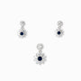 Set de joyería en Plata Ley 925 con dije de 20x11mm y topos de 15x8mm en forma de girasol con cirón azul y pétalos blancos baguette.