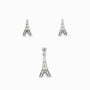Juego de joyería en plata ley 925 con baño de rodio con diseño de la Torre Eiffel, incluye aretes de topo y dije sobre fondo blanco.
