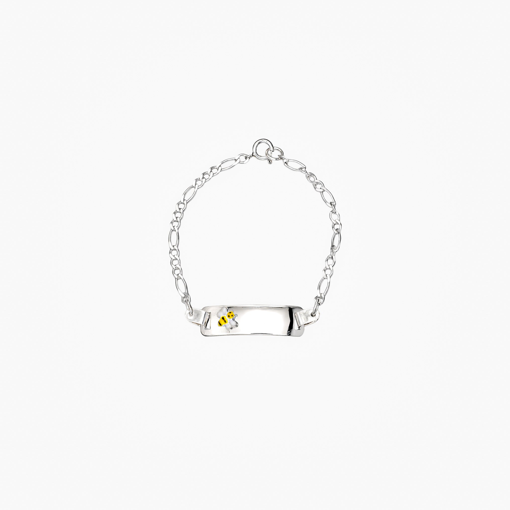 Pulsera de identidad infantil en plata ley 925 con placa lisa de 25 mm para grabado personalizado y tejido clásico sobre fondo blanco.
