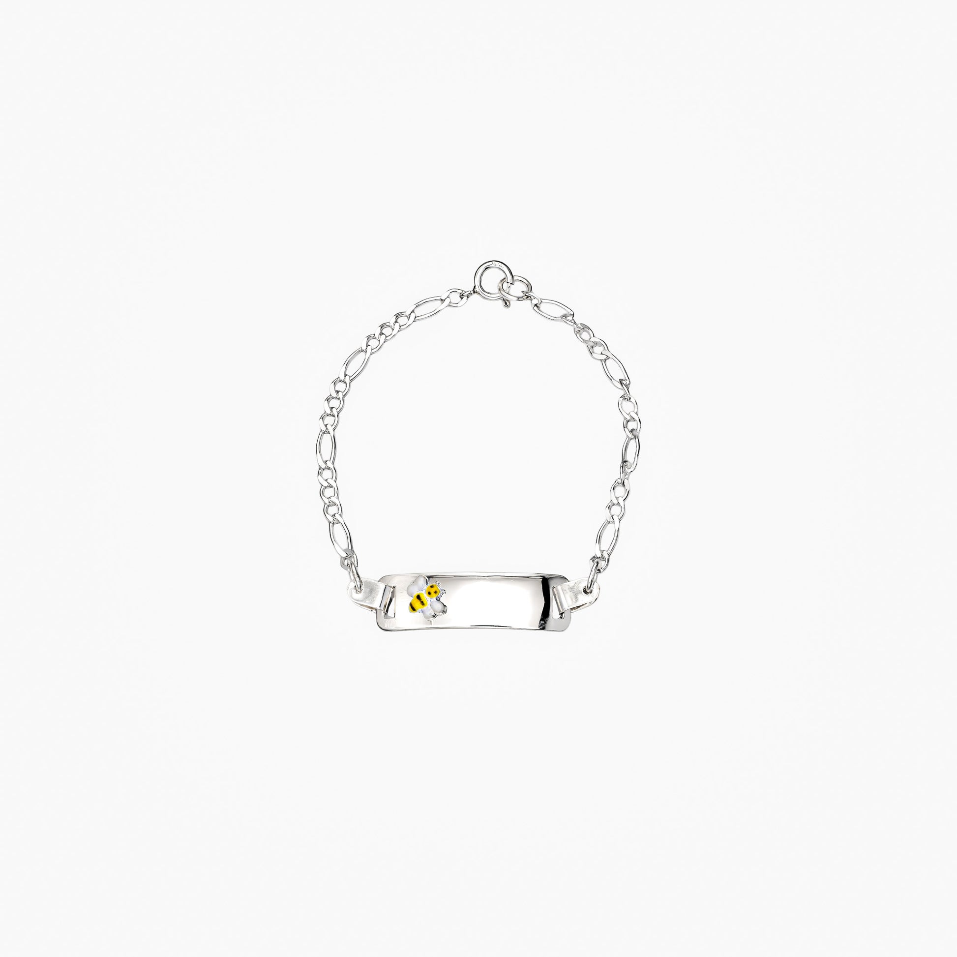 Pulsera de identidad infantil en plata ley 925 con placa lisa de 25 mm para grabado personalizado y tejido clásico sobre fondo blanco.
