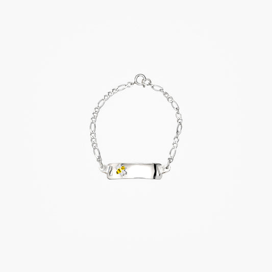 Pulsera de identidad infantil en plata ley 925 con placa lisa de 25 mm para grabado personalizado y tejido clásico sobre fondo blanco.
