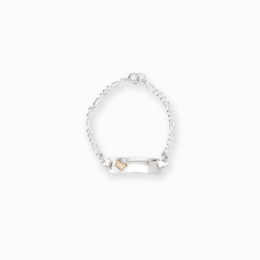 Pulsera de identidad para niña en plata ley 925 con placa lisa de 25 mm para grabado personalizado y tejido de eslabones sobre fondo blanco.
