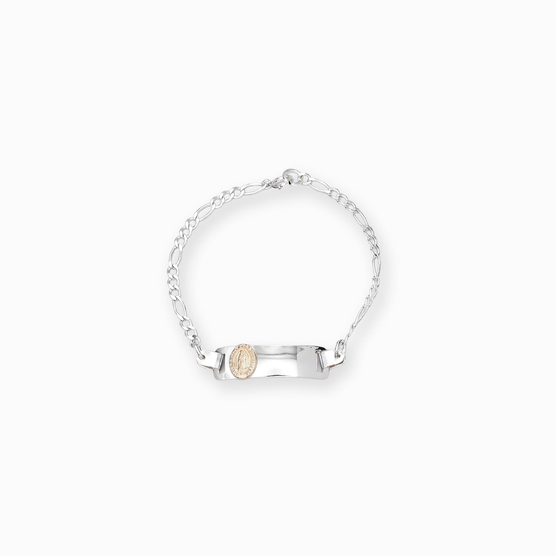 Pulsera de identidad infantil en plata ley 925 con placa lisa de 25 mm para grabado personalizado sobre fondo blanco.

