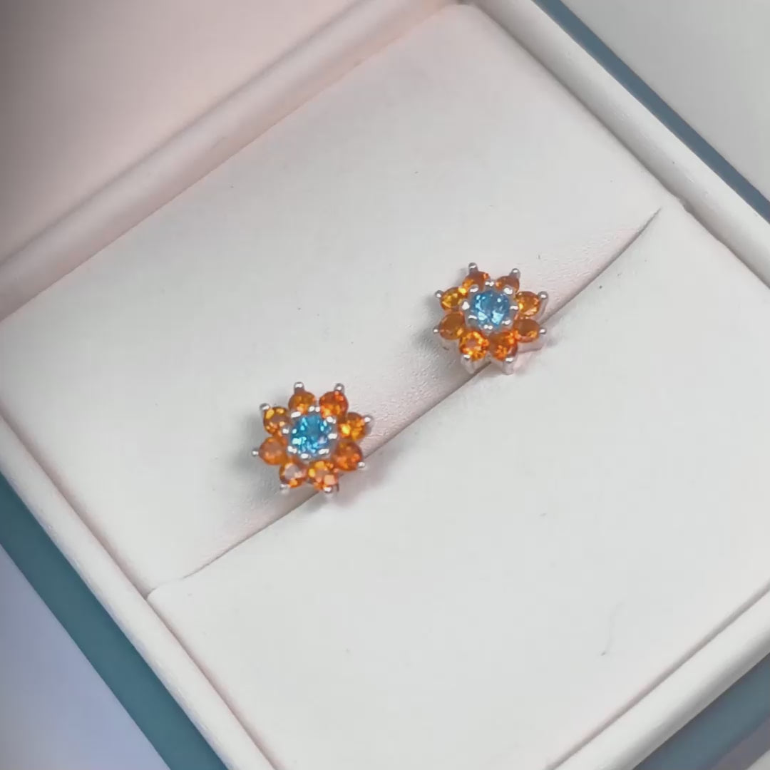 Topos de plata ley 925 con diseño floral, zafiro durazno y topacio baby blue para mujer