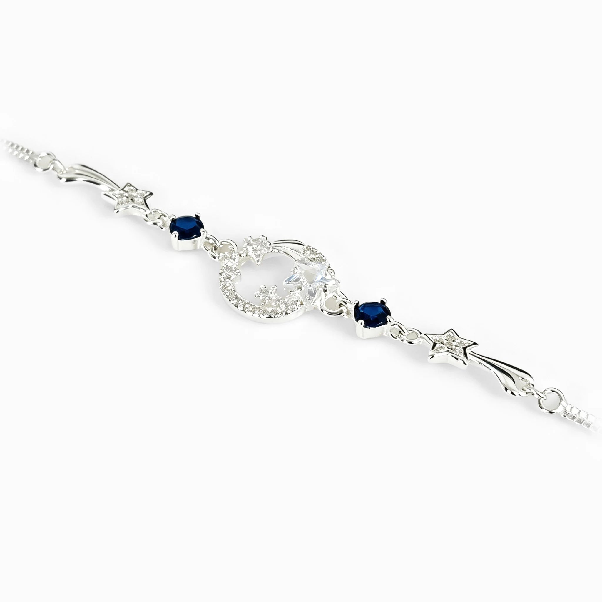 Pulsera en plata ley 925 con motivos de estrellas y circones azul profundo brillante.