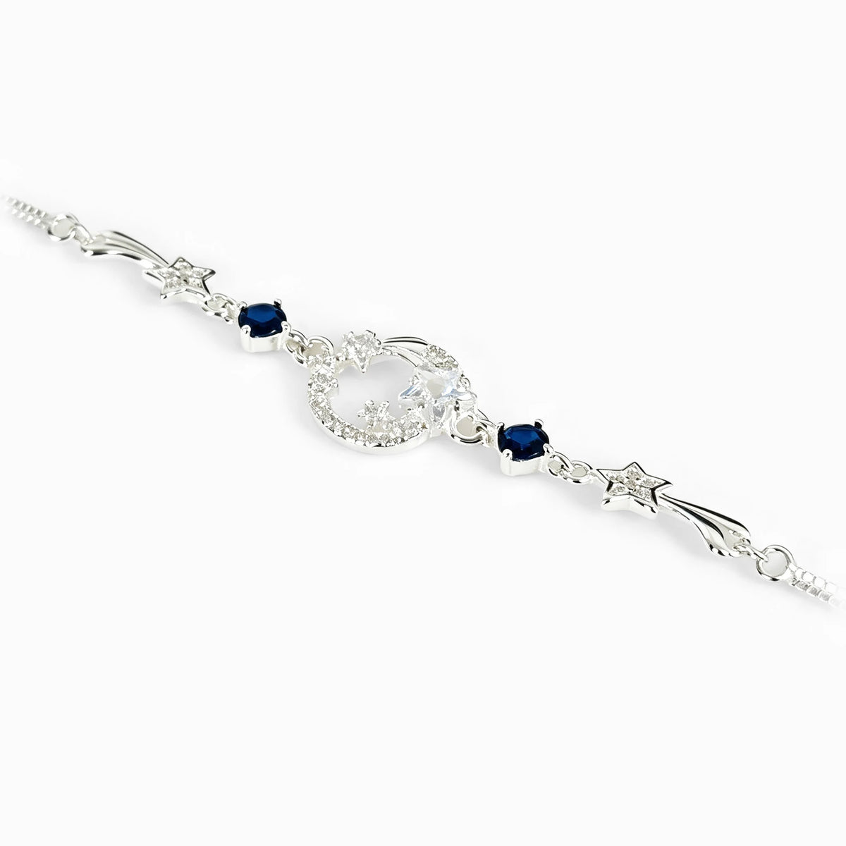 Pulsera en plata ley 925 con motivos de estrellas y circones azul profundo brillante.