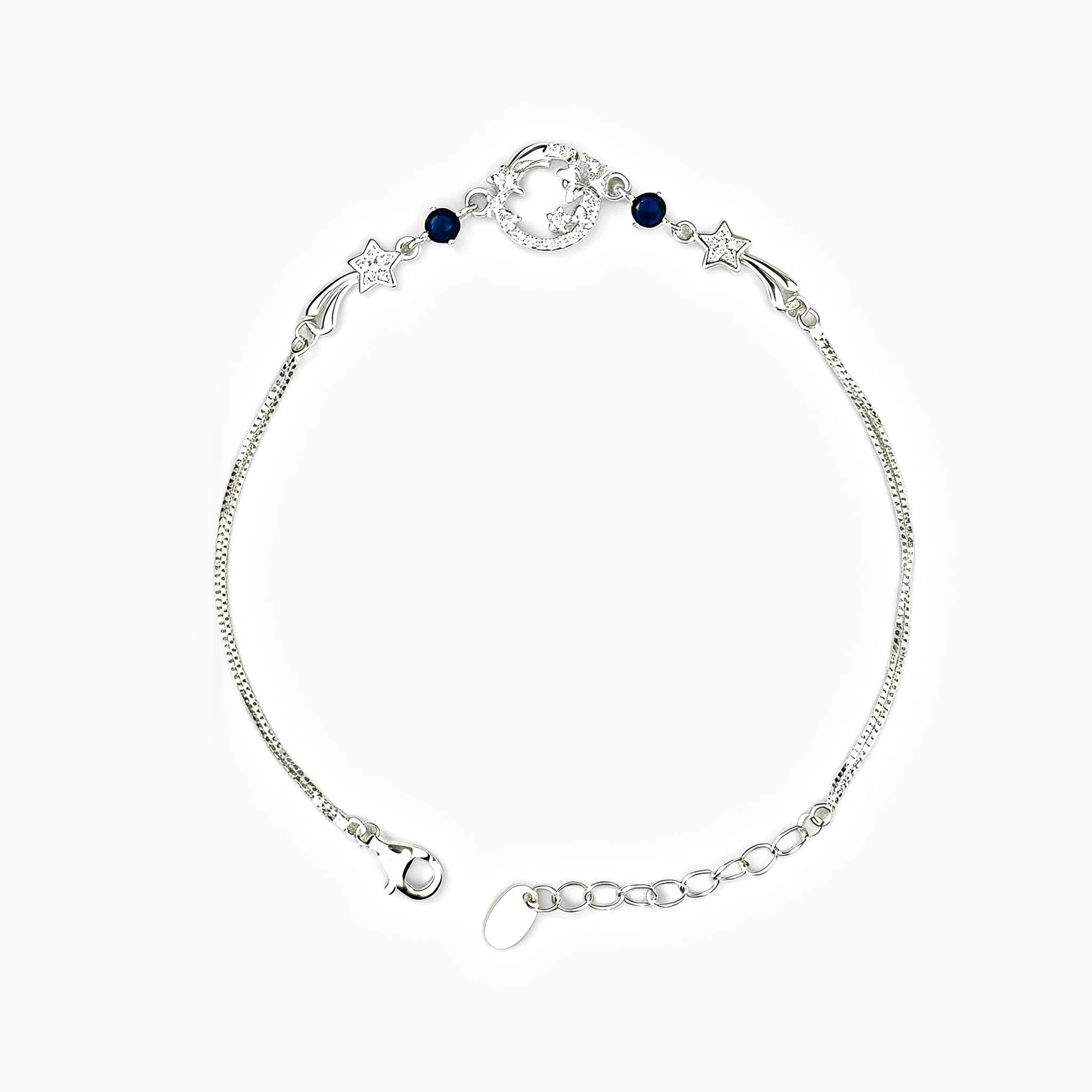 Pulsera en plata ley 925 con motivos de estrellas y circones azul profundo brillante.