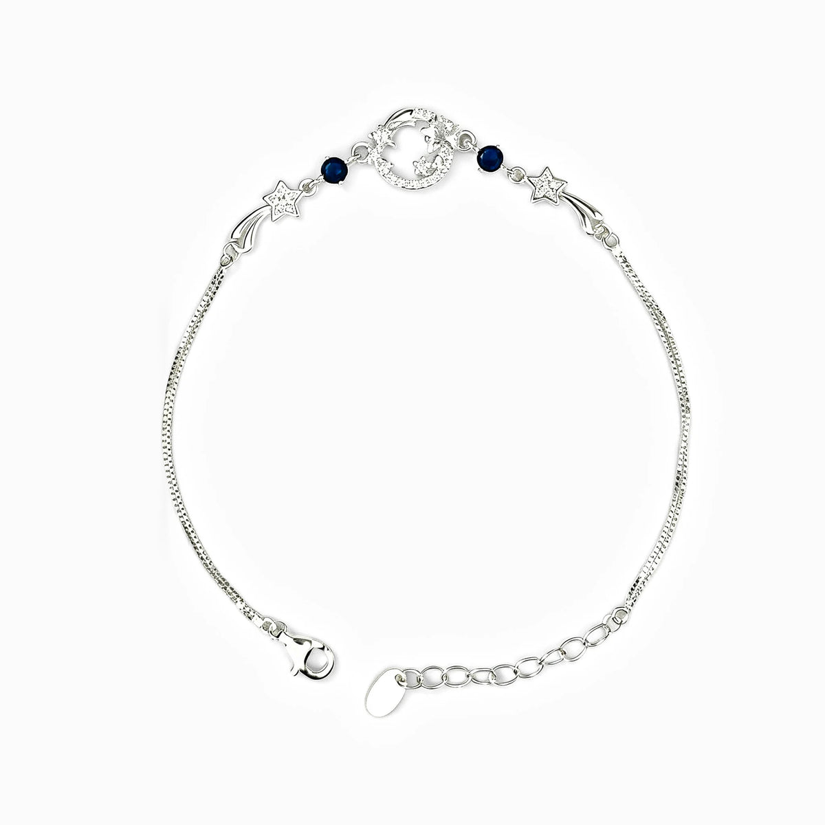 Pulsera en plata ley 925 con motivos de estrellas y circones azul profundo brillante.