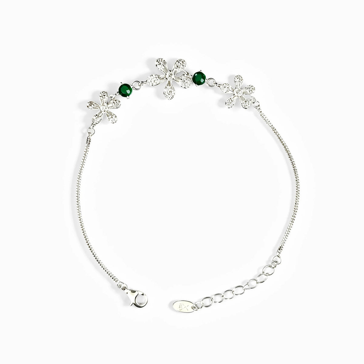 Pulsera con flores de 5 pétalos en plata ley 925 y circones verde esmeralda.   