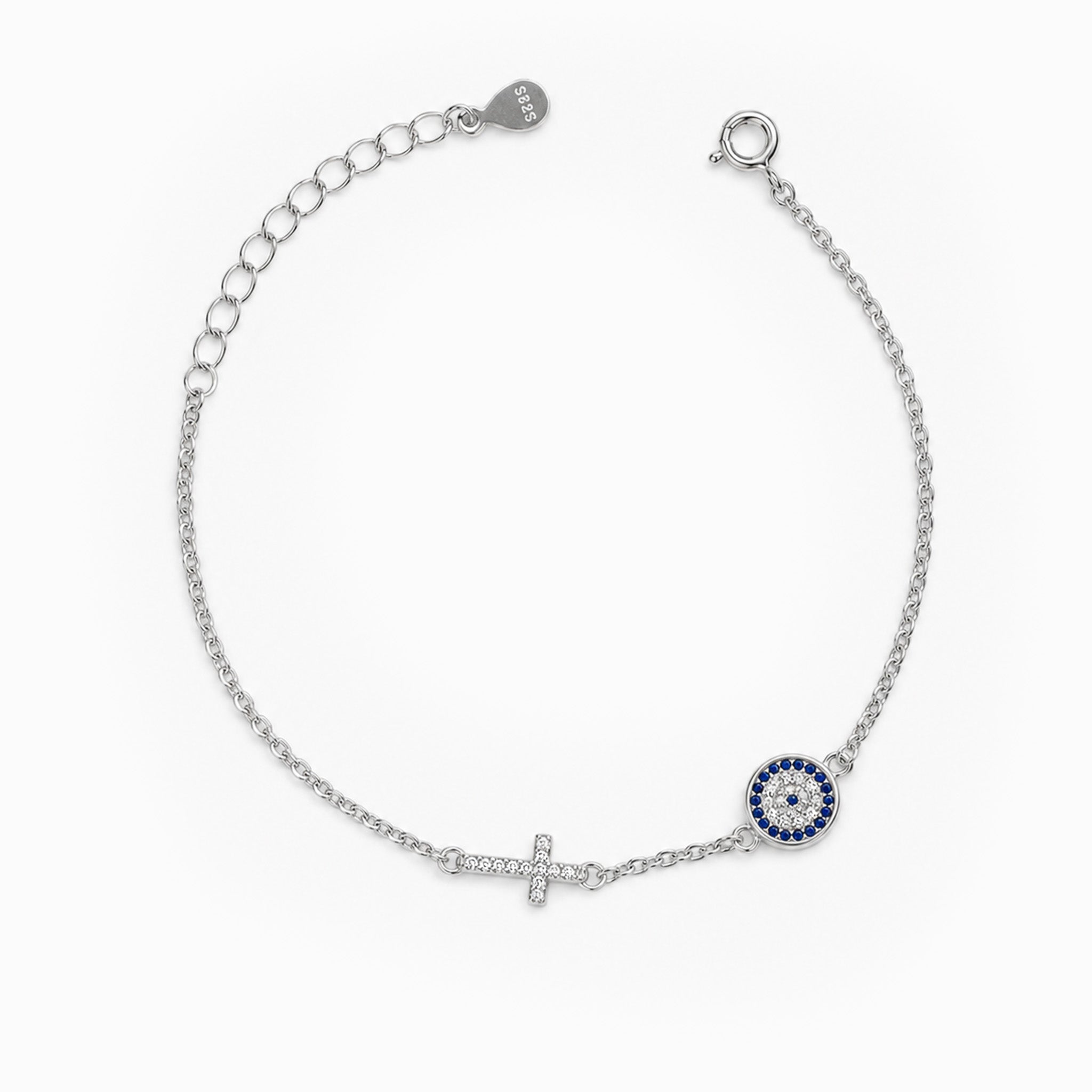 Pulsera de plata ley 925 con ojo turco y cruz decorados con circones.