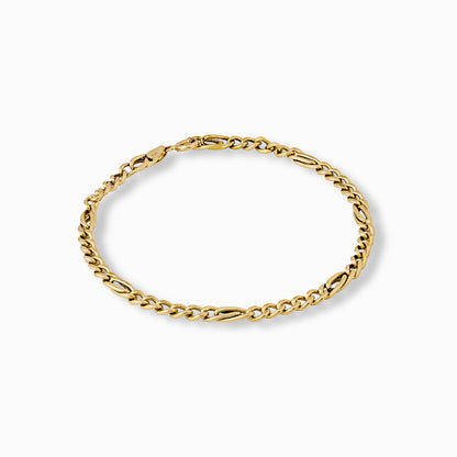 Pulsera de oro amarillo de 18 quilates con tejido tipo escalera de 4 mm de ancho y 20 cm de largo sobre fondo blanco.
