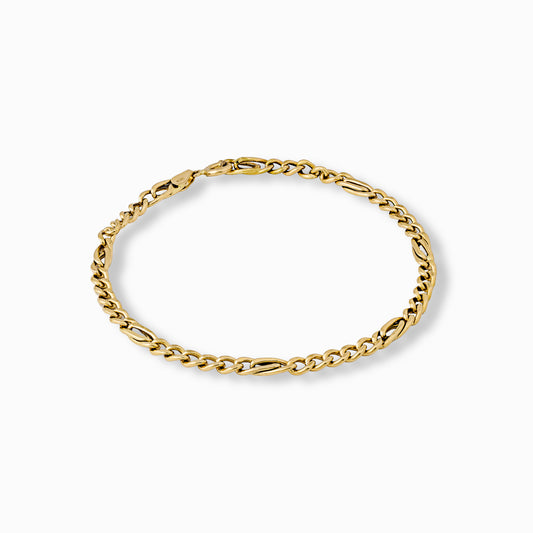 Pulsera de oro amarillo de 18 quilates con tejido tipo escalera de 4 mm de ancho y 20 cm de largo sobre fondo blanco.
