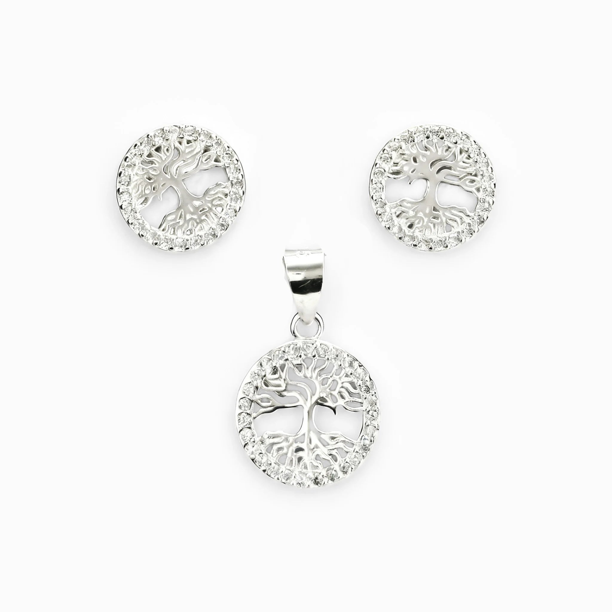 Set de topos y dije Árbol de la Vida en plata ley 925 con cerco de circones blancos