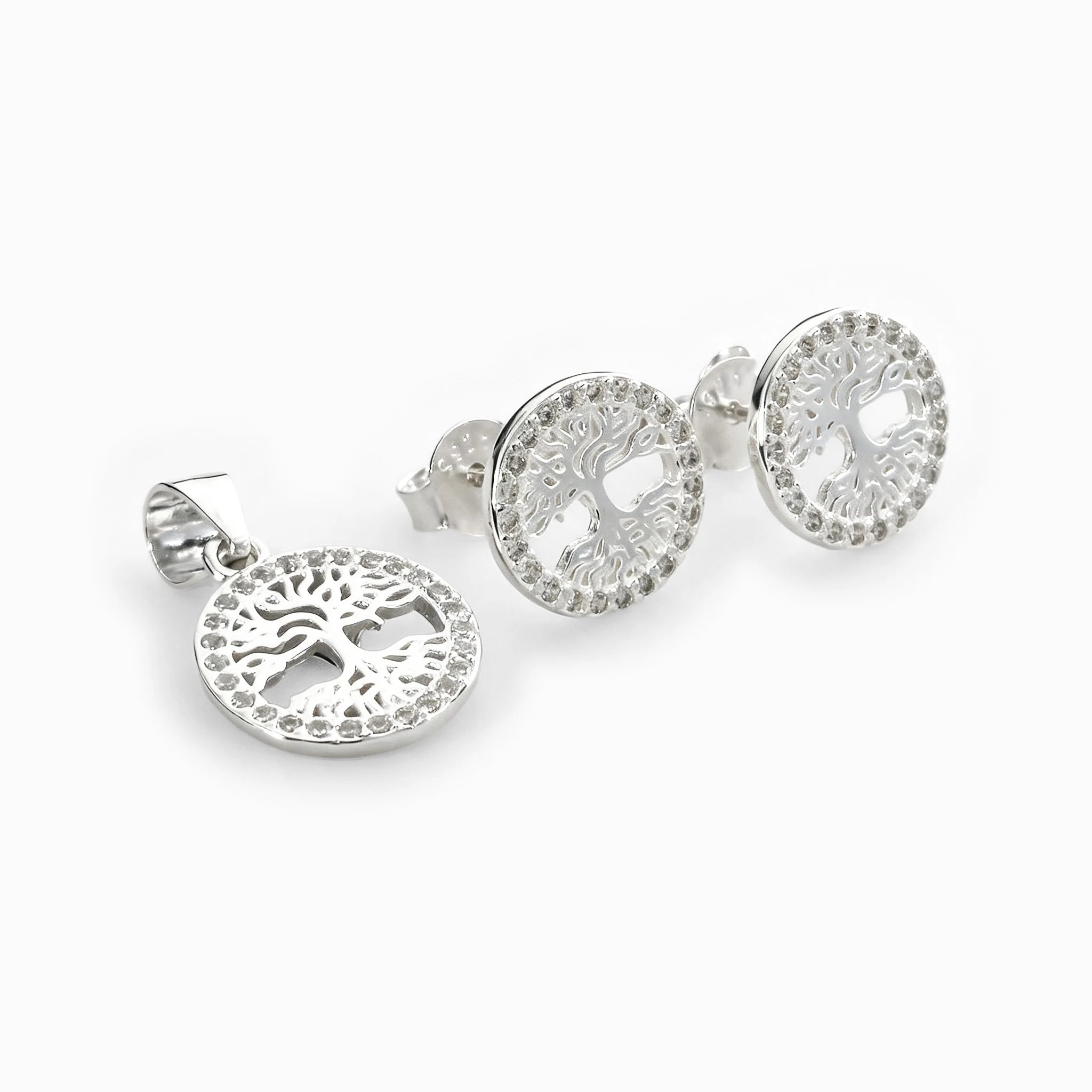 Set de topos y dije Árbol de la Vida en plata ley 925 con cerco de circones blancos