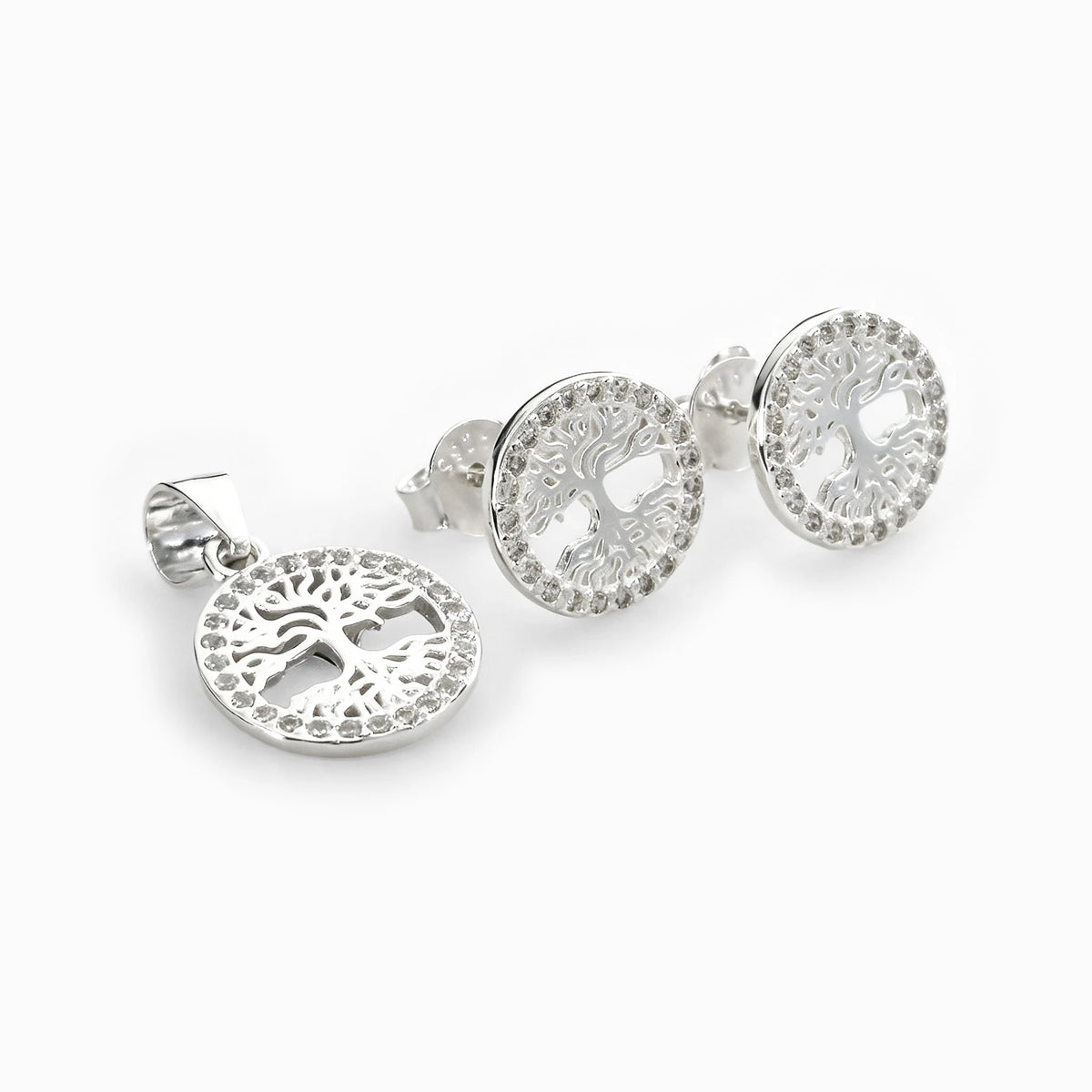 Set de topos y dije Árbol de la Vida en plata ley 925 con cerco de circones blancos