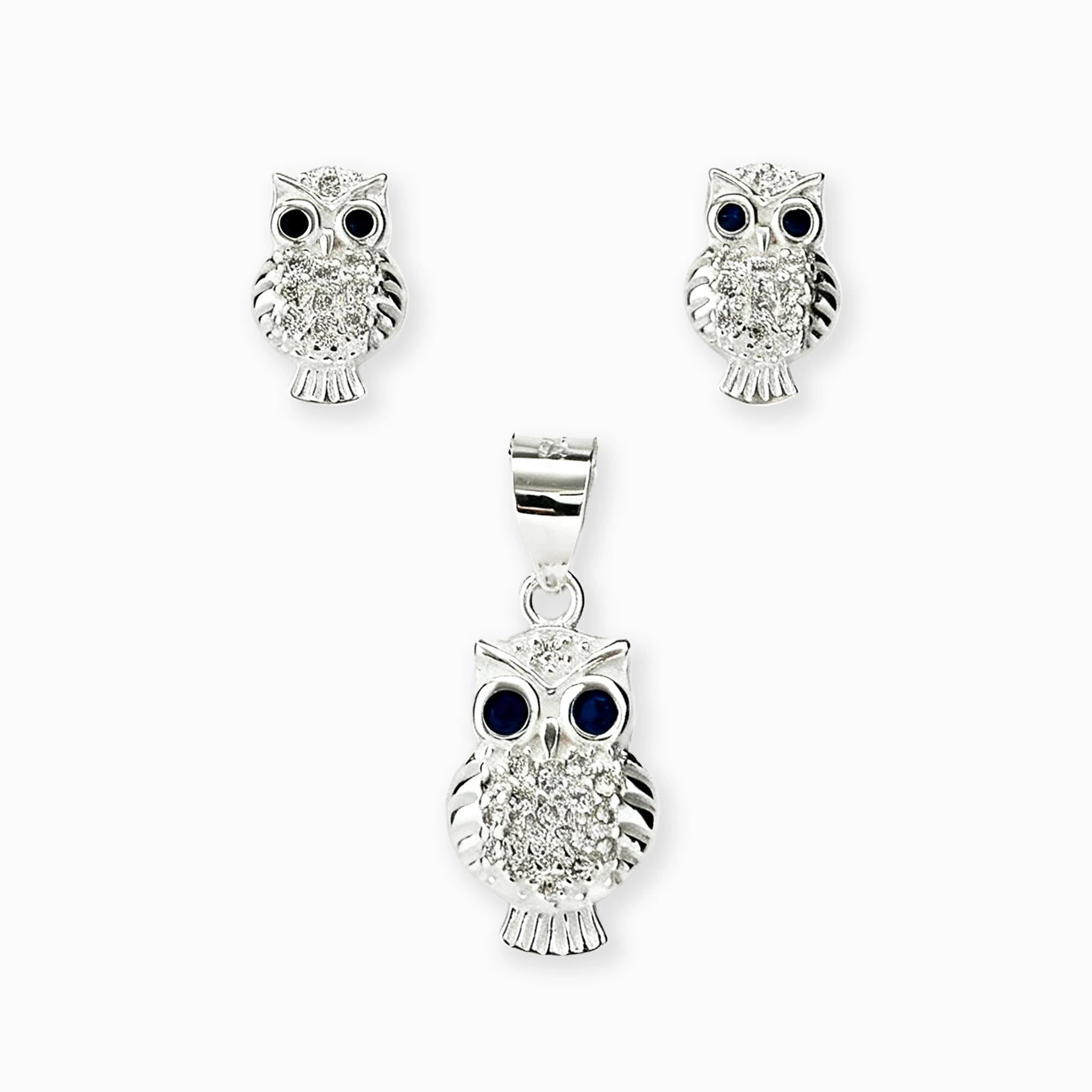 Set de topos y dije con diseño de búho en plata ley 925, circones blancos y ojos azules
