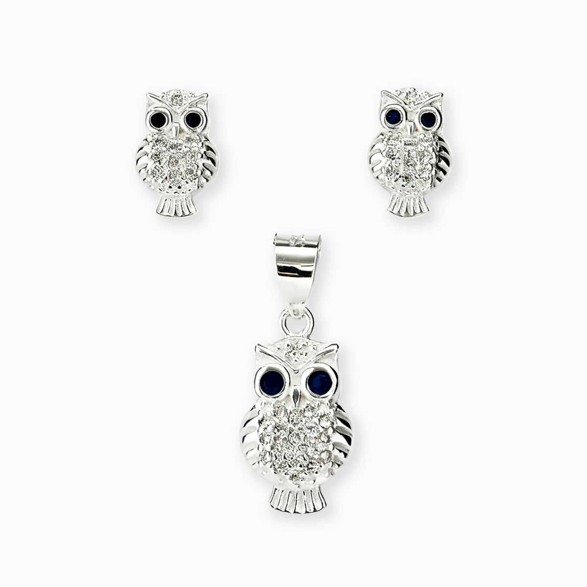 Set de topos y dije con diseño de búho en plata ley 925, circones blancos y ojos azules