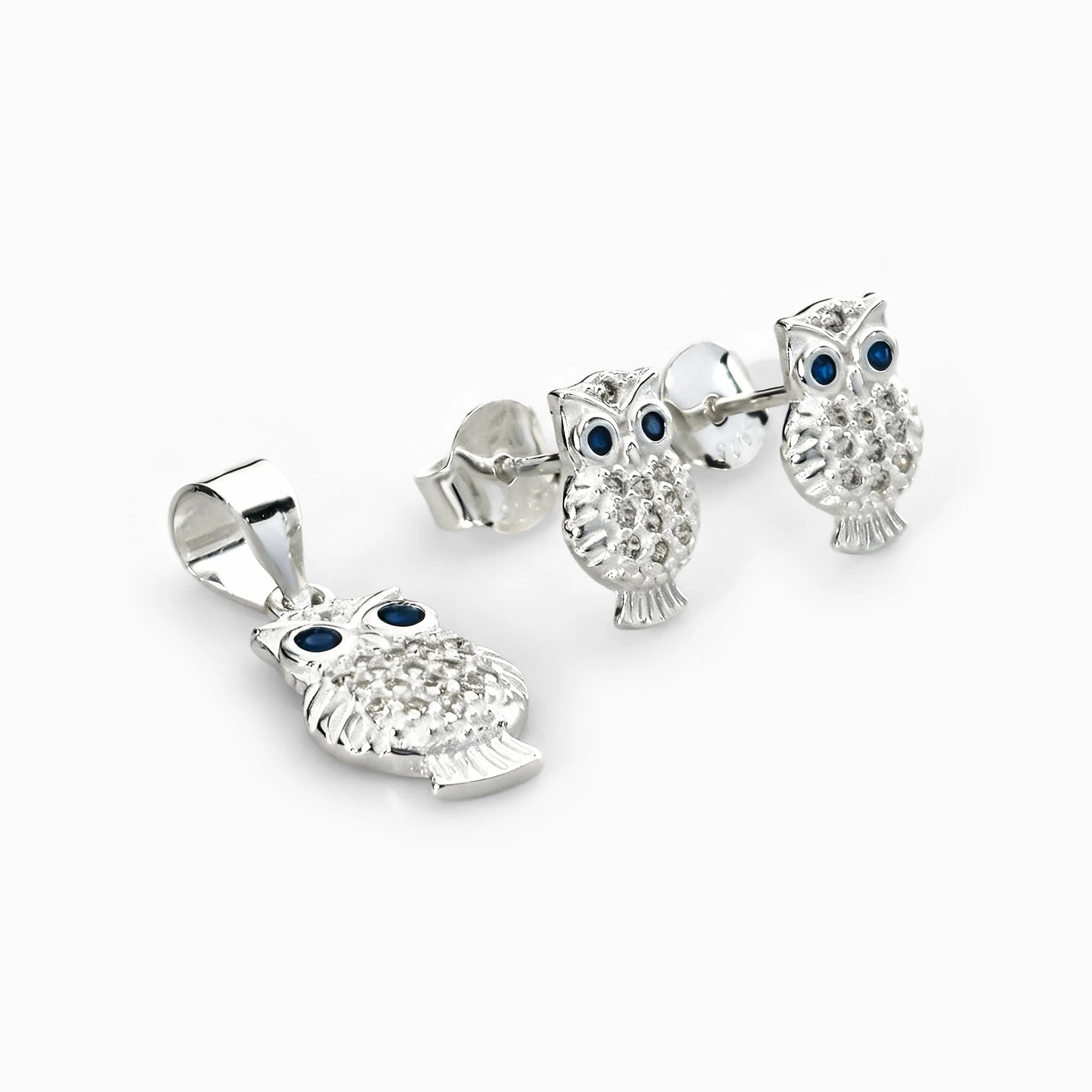 Set de topos y dije con diseño de búho en plata ley 925, circones blancos y ojos azules