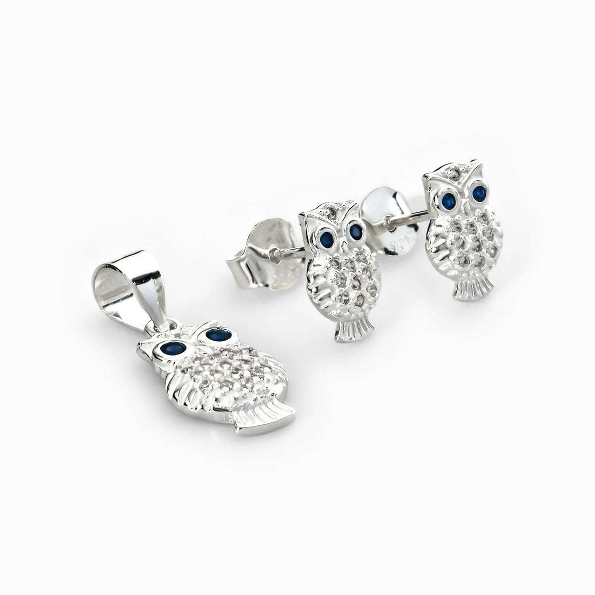 Set de topos y dije con diseño de búho en plata ley 925, circones blancos y ojos azules