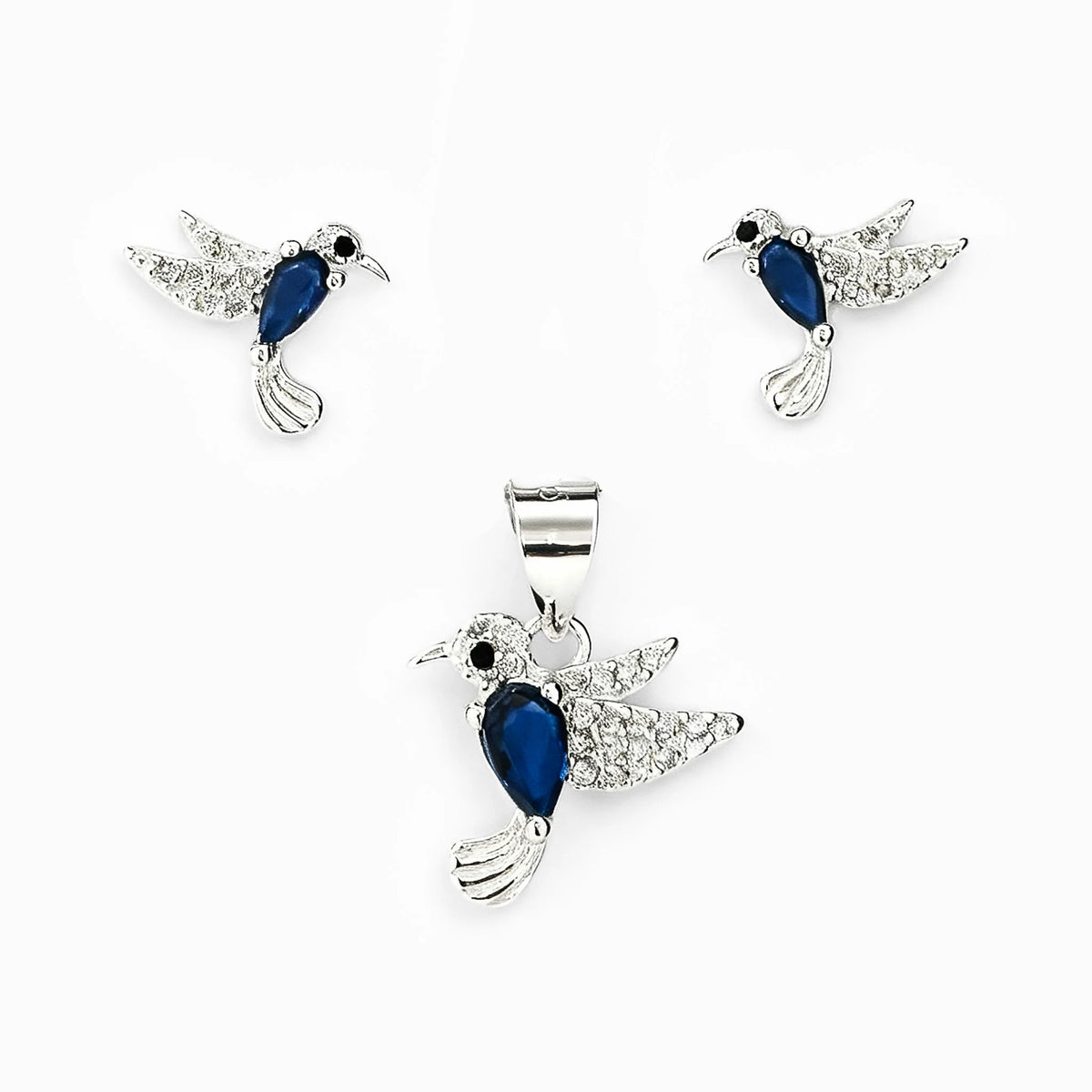 Set de topos y dije con diseño de colibrí azul en plata ley 925 y circones