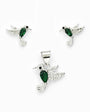 Set de topos y dije con diseño de colibrí verde en plata ley 925 y circones