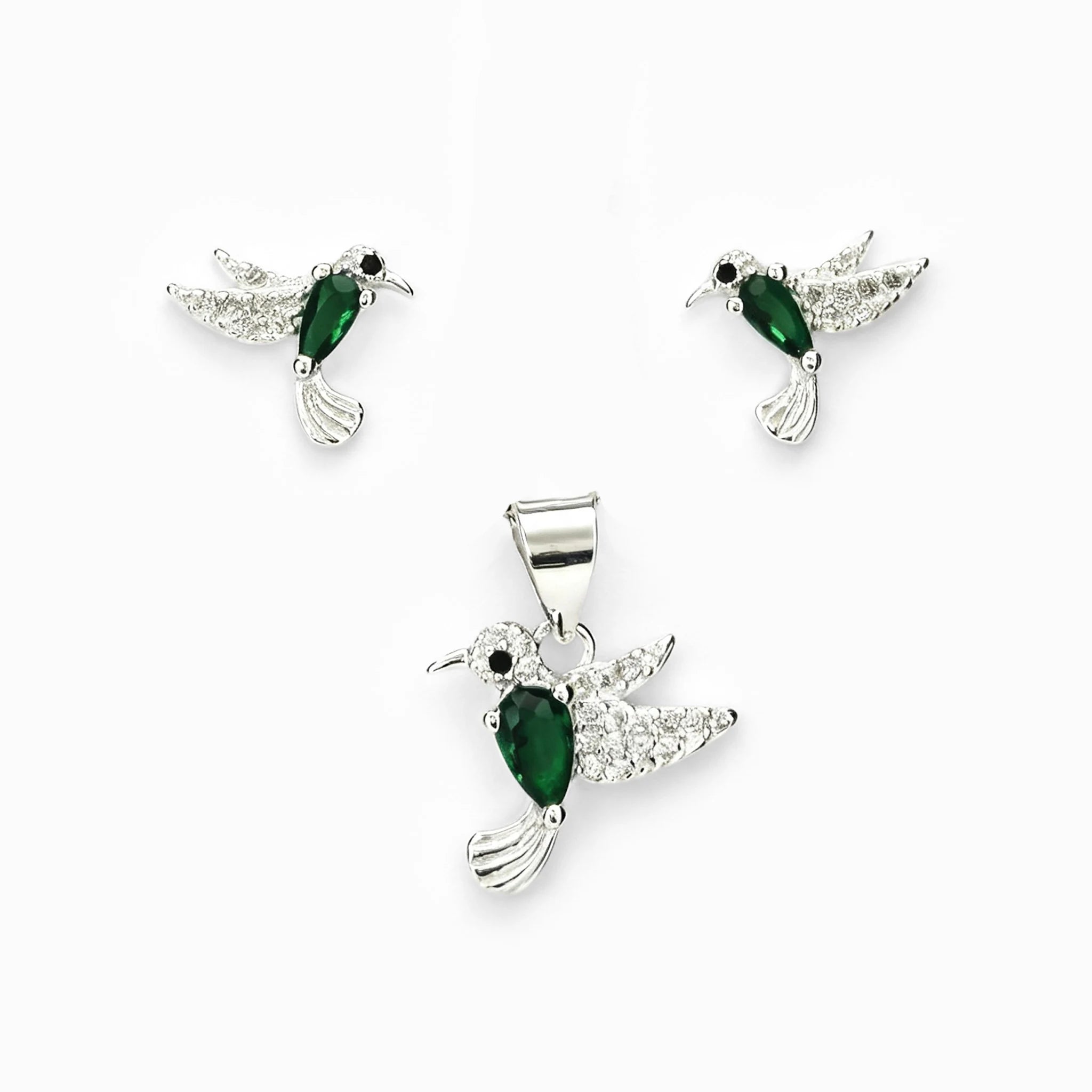 Set de topos y dije con diseño de colibrí verde en plata ley 925 y circones