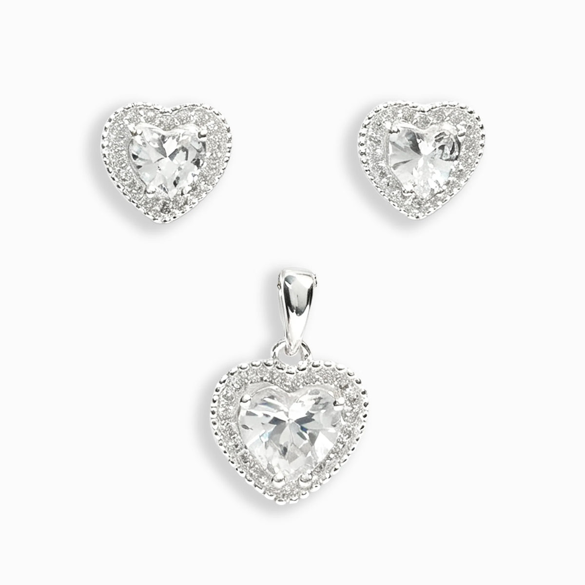Set de topos y dije corazón con circones blancos en plata ley 925 para mujer