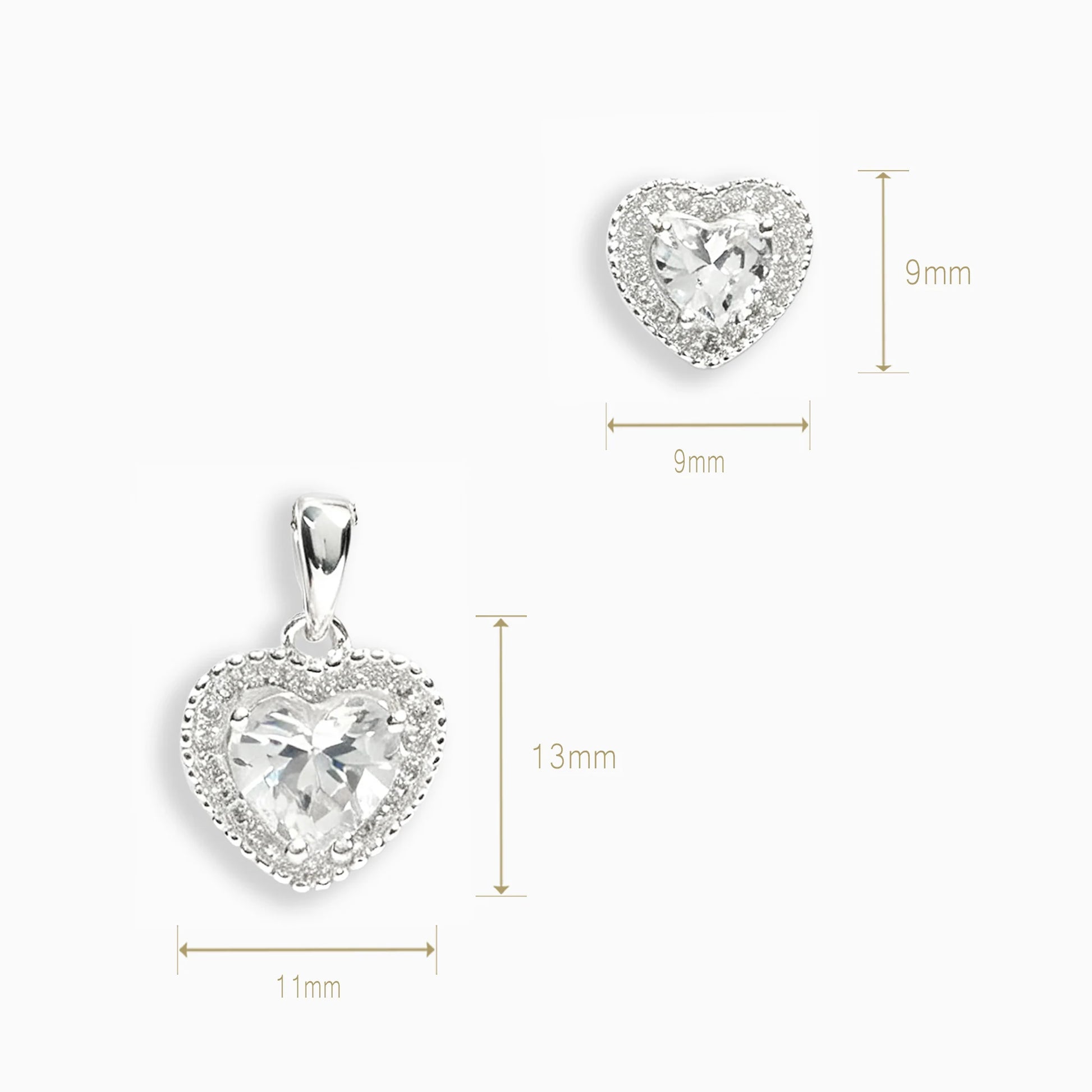 Set de topos y dije corazón con circones blancos en plata ley 925 para mujer