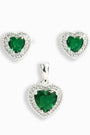Set de topos y dije corazón con circones verdes en plata ley 925 para mujer