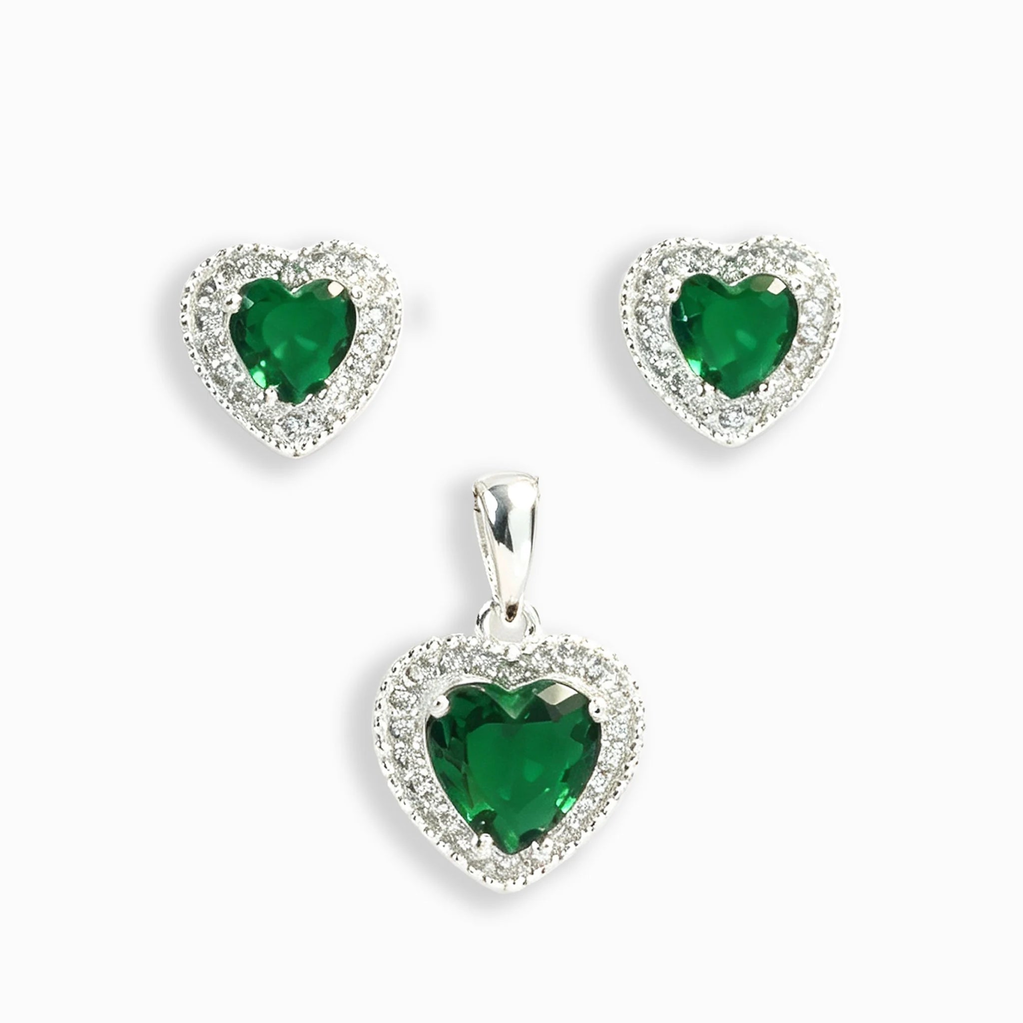 Set de topos y dije corazón con circones verdes en plata ley 925 para mujer