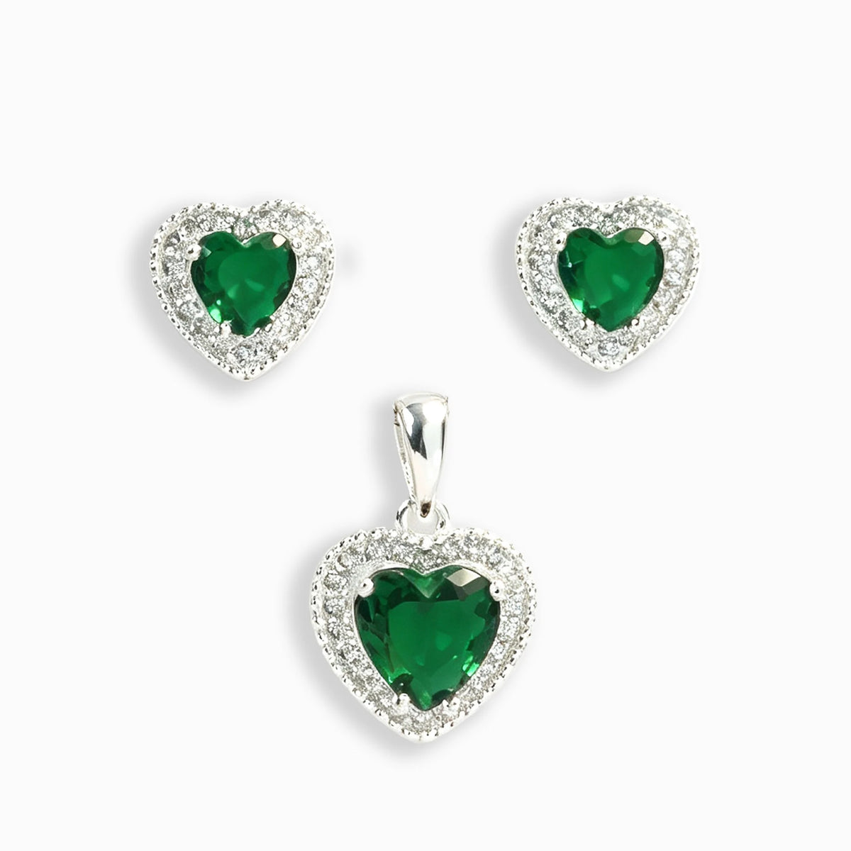 Set de topos y dije corazón con circones verdes en plata ley 925 para mujer