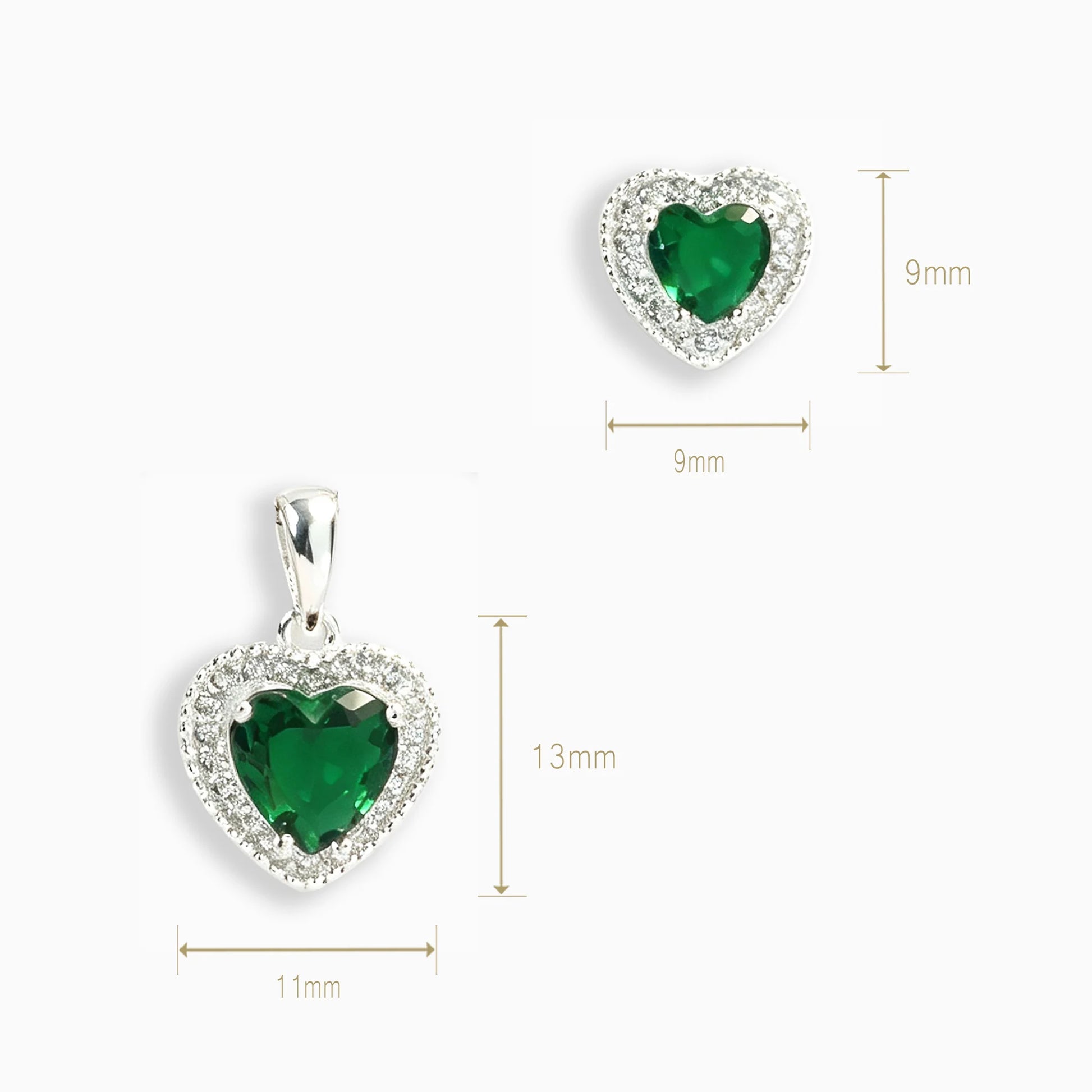 Set de topos y dije corazón con circones verdes en plata ley 925 para mujer