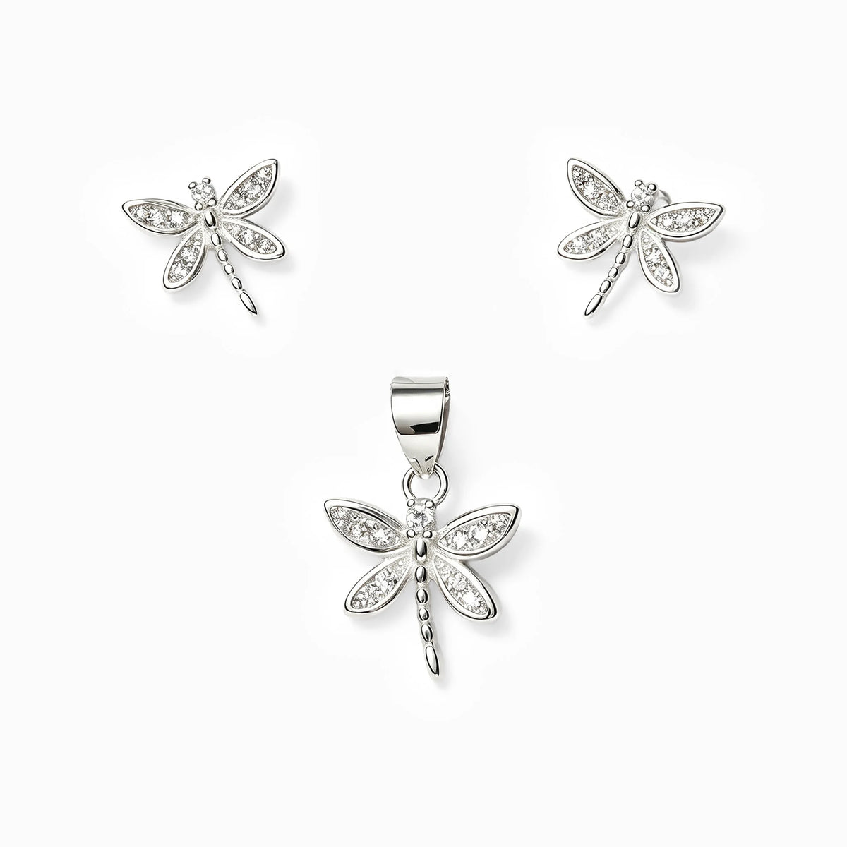 Set de topos y dije con diseño de libélula en plata ley 925 y circones blancos   